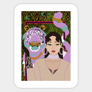 Purple Tiger with wild woman Sticker